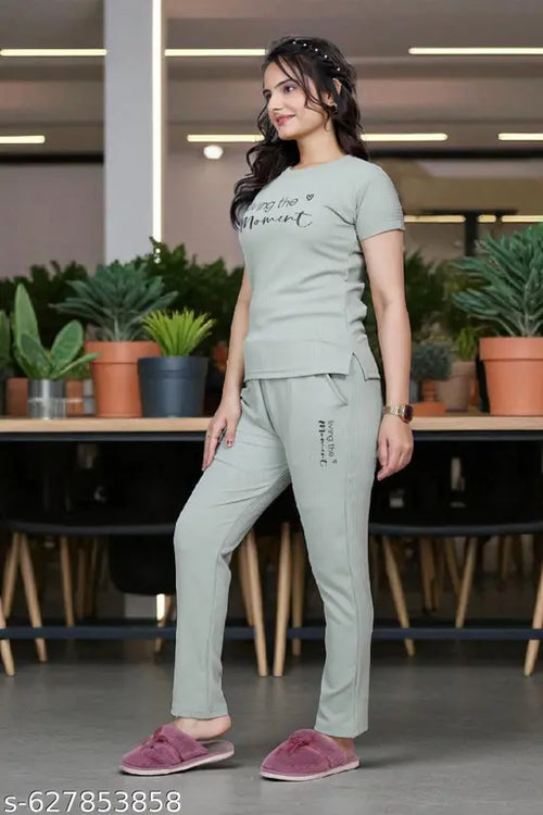 "FRESH STITCHES" Travel-Inspired Premium Ribbed Cotton Loungewear Set for Women – Featuring a ‘Time to Travel’ Graphic Tee, Ultra-Soft Stretchable Fabric, Relaxed-Fit Tapered Pants with Pockets,
