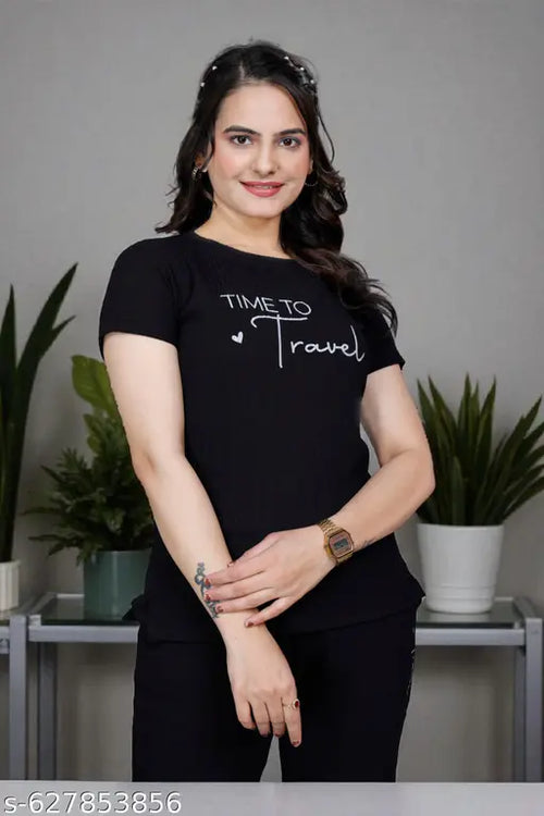 "FRESH STITCHES" Travel-Inspired Premium Ribbed Cotton Loungewear Set for Women – Featuring a ‘Time to Travel’ Graphic Tee, Ultra-Soft Stretchable Fabric, Relaxed-Fit Tapered Pants with Pockets,