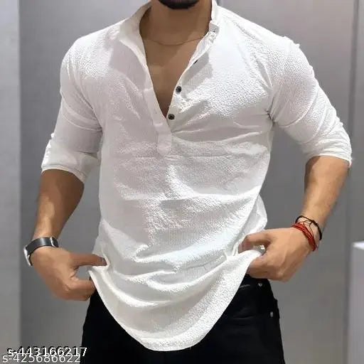 New Fashionable Formal Mens White and black shirt Casual shirt for men stylish shirt for men trendy white and black shirt stylish white and black short Kurta for men Mandarin coller shirt for men